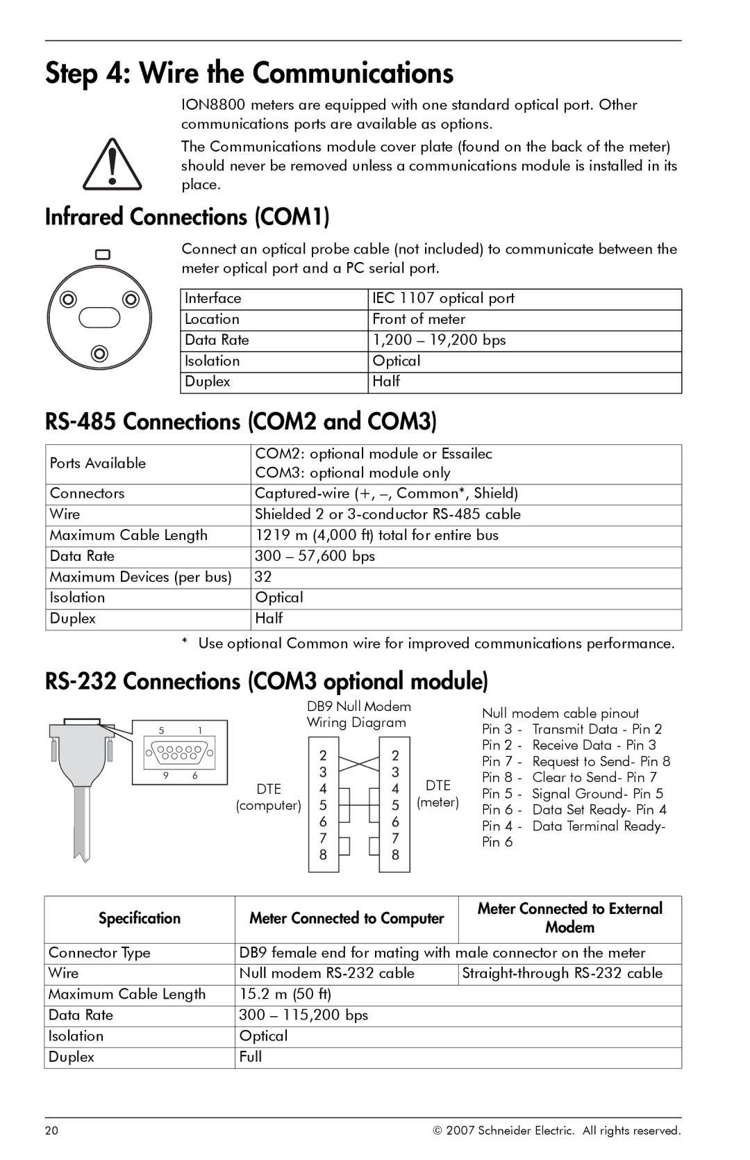 Schneider Electric ION8800 manual Wire the Communications, Infrared Connections COM1, RS-485 Connections COM2 and COM3 