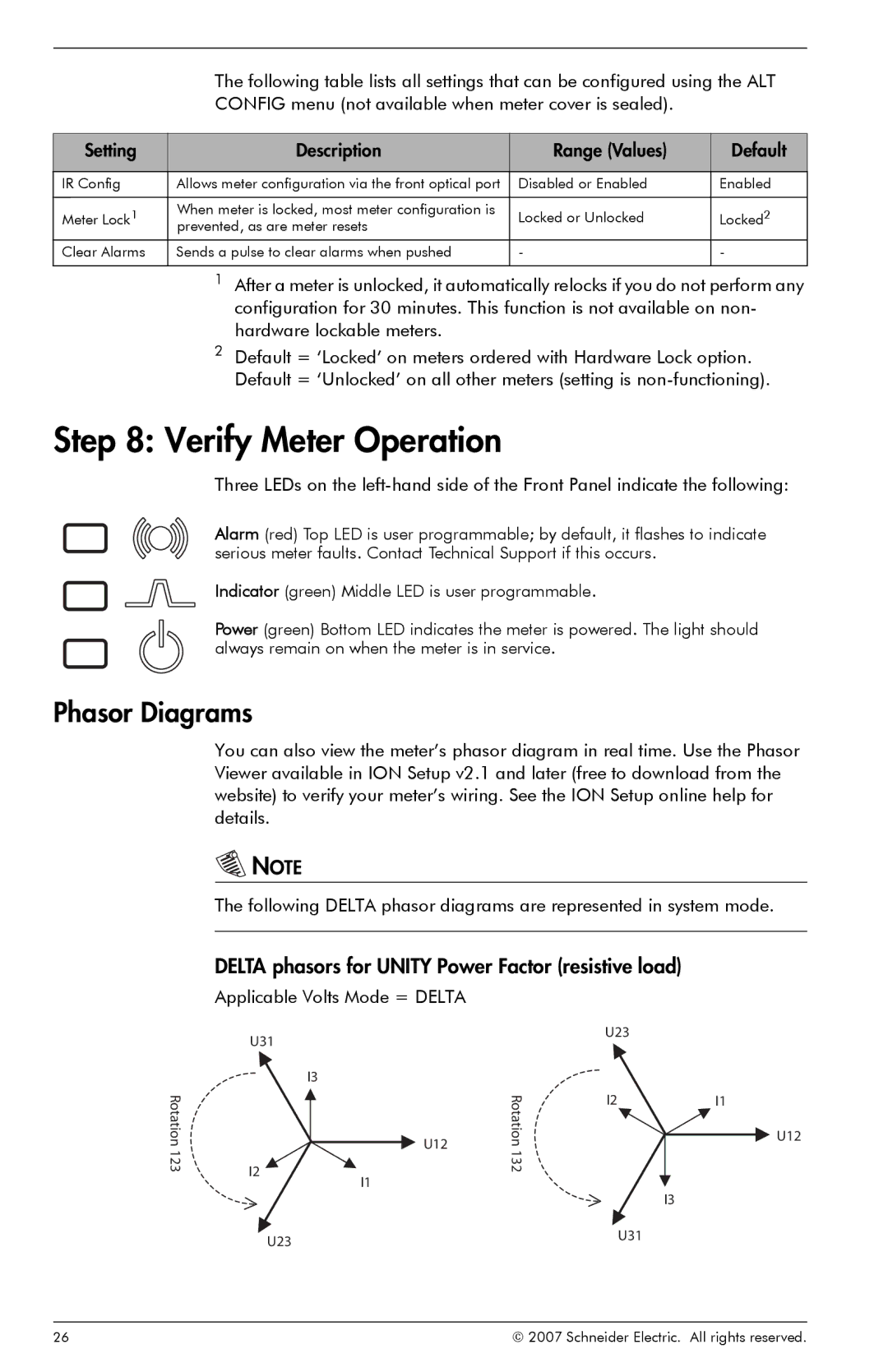 Schneider Electric ION8800 Verify Meter Operation, Phasor Diagrams, Delta phasors for Unity Power Factor resistive load 