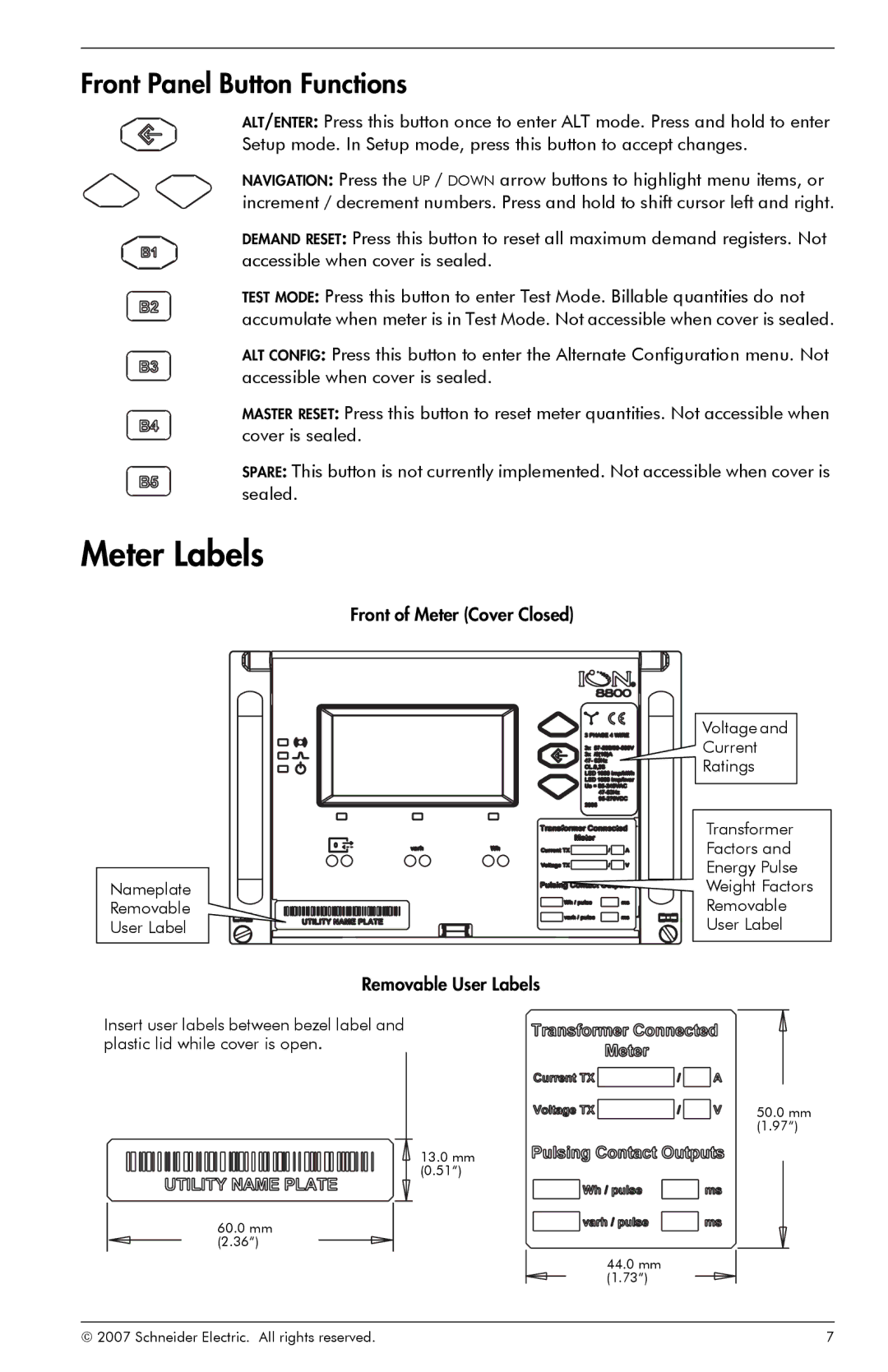 Schneider Electric ION8800 Meter Labels, Front Panel Button Functions, Front of Meter Cover Closed, Removable User Labels 