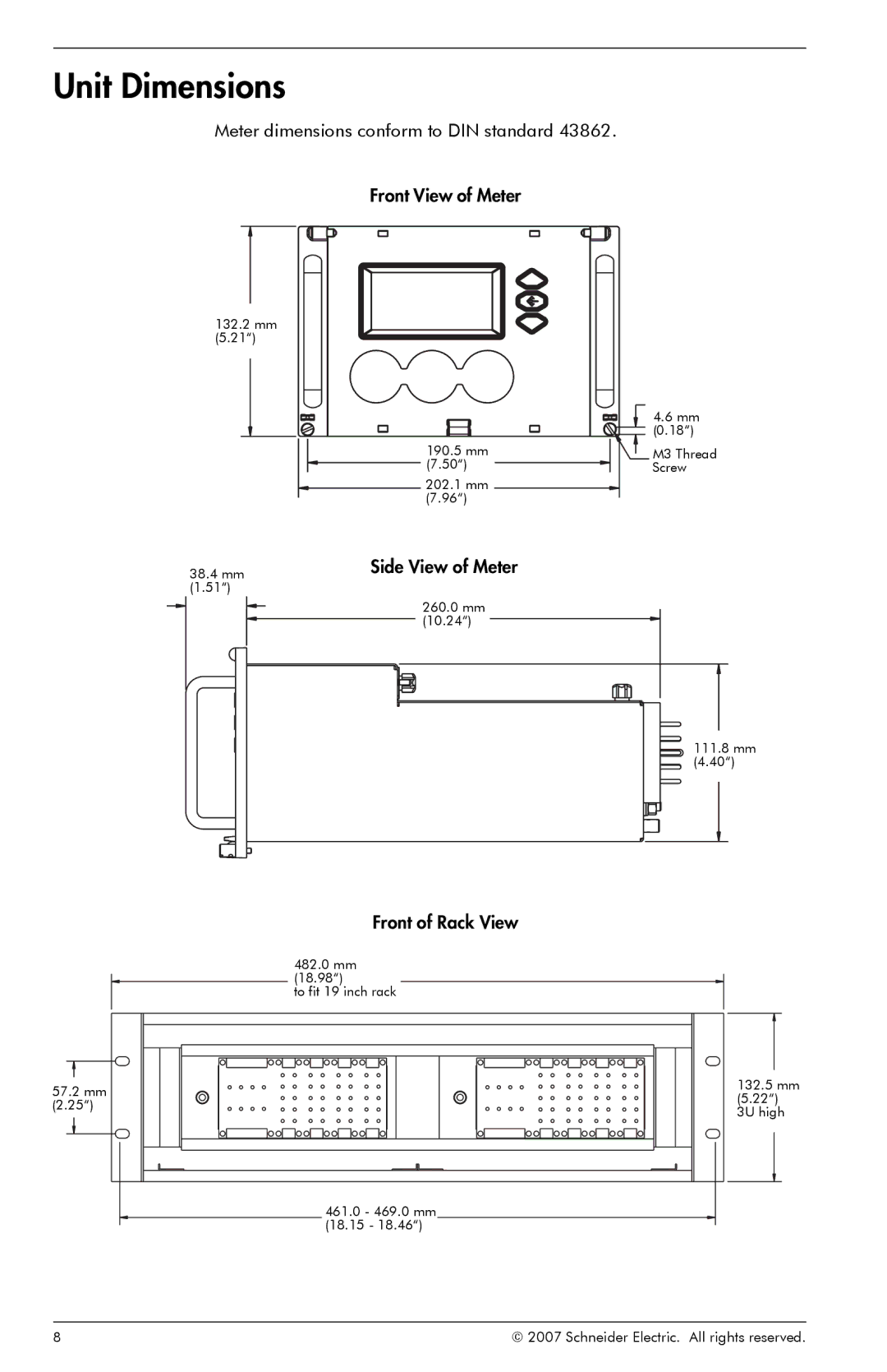 Schneider Electric ION8800 manual Unit Dimensions, Side View of Meter, Front of Rack View 