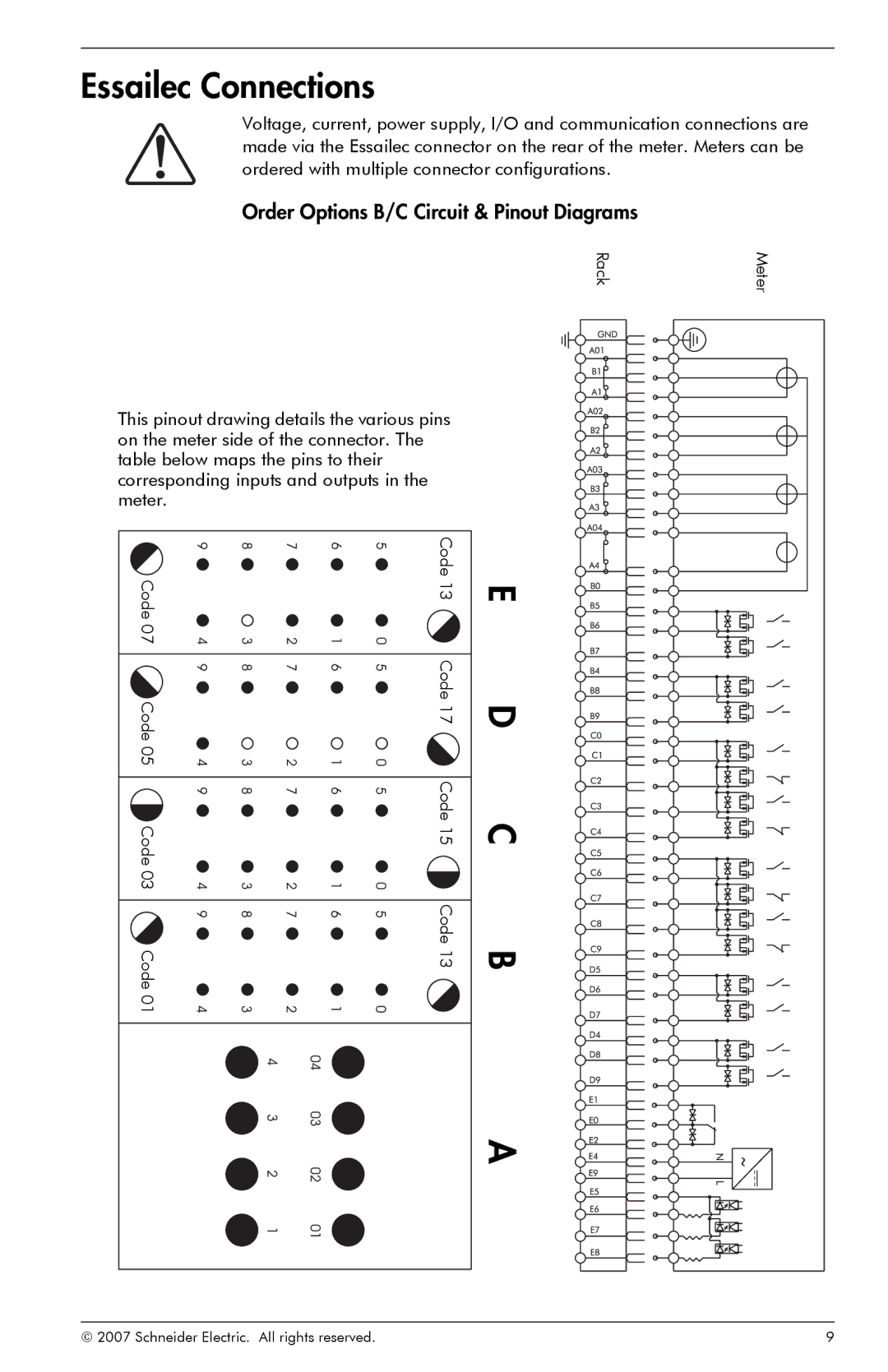 Schneider Electric ION8800 manual Essailec Connections, Order Options B/C Circuit & Pinout Diagrams 