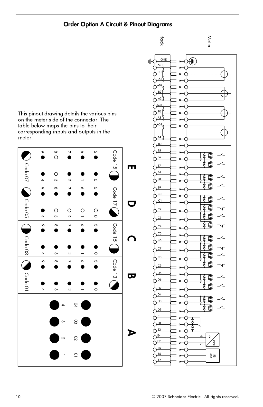 Schneider Electric ION8800 manual E D C B A, Order Option A Circuit & Pinout Diagrams 