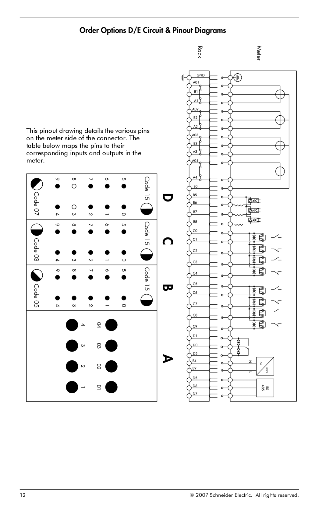 Schneider Electric ION8800 manual D C B A, Order Options D/E Circuit & Pinout Diagrams 
