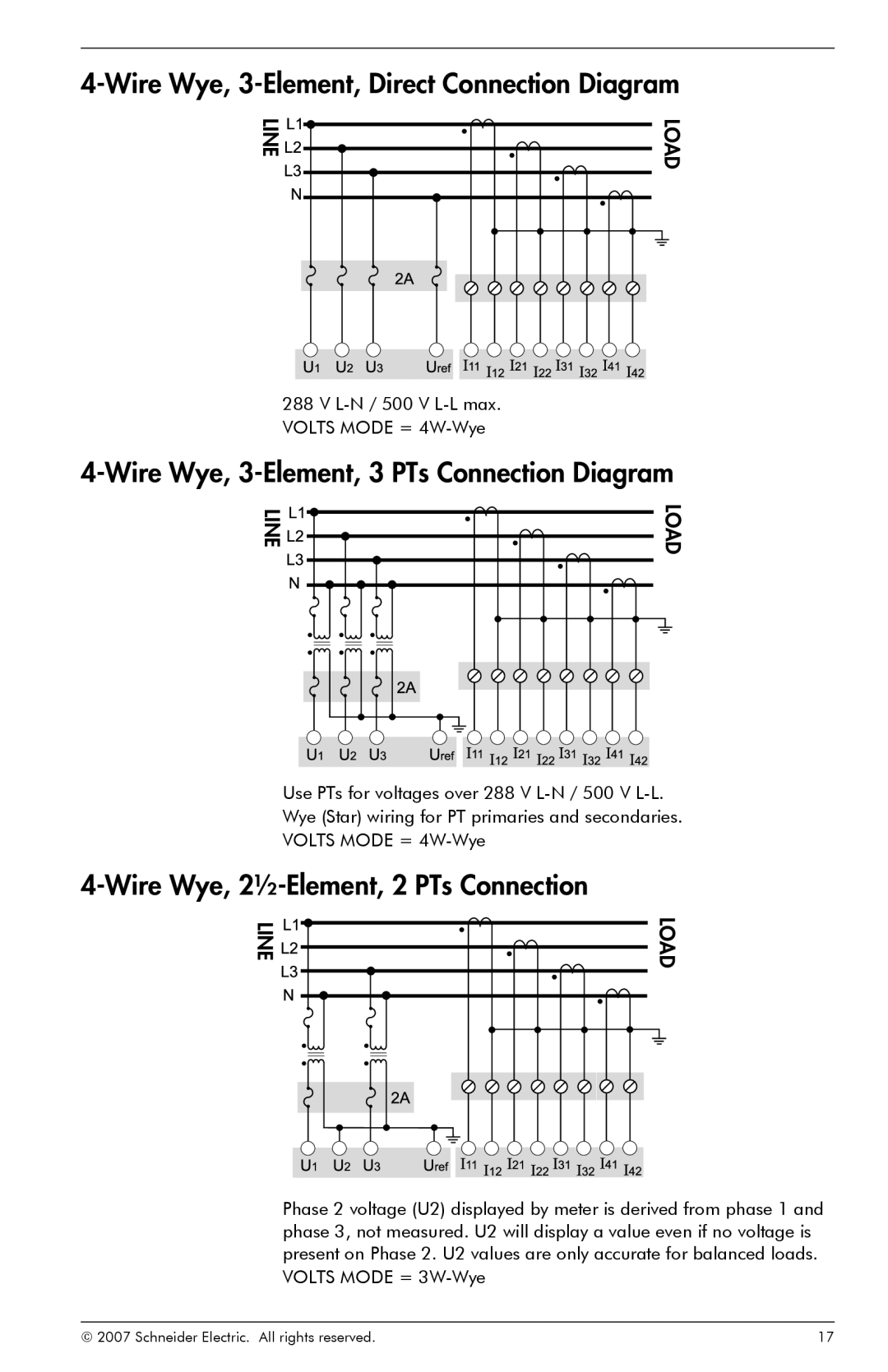 Schneider Electric ION8800 Wire Wye, 3-Element, Direct Connection Diagram, Wire Wye, 3-Element, 3 PTs Connection Diagram 