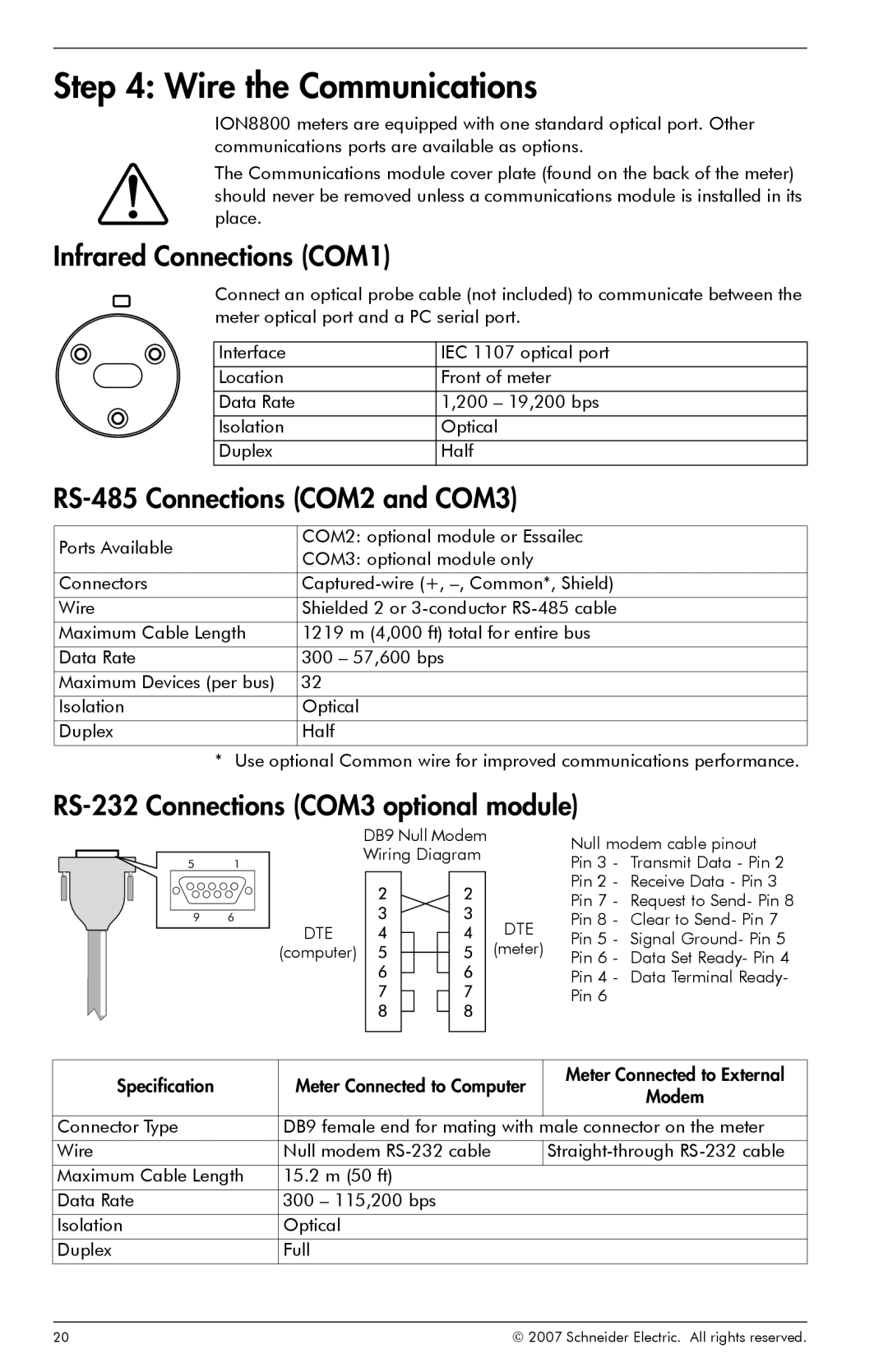 Schneider Electric ION8800 manual Wire the Communications, Infrared Connections COM1, RS-485 Connections COM2 and COM3 