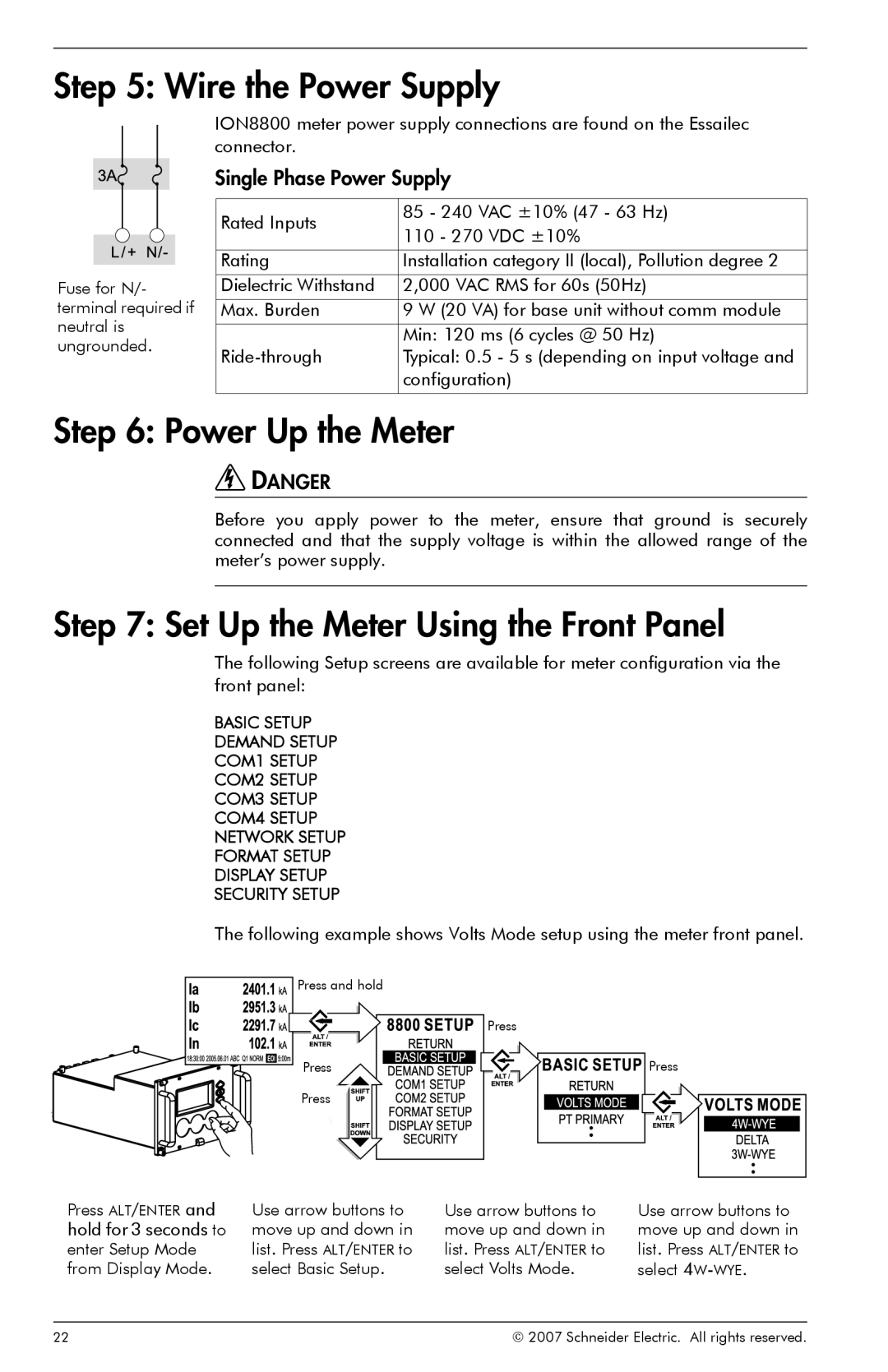 Schneider Electric ION8800 manual Wire the Power Supply, Power Up the Meter, Set Up the Meter Using the Front Panel, Danger 