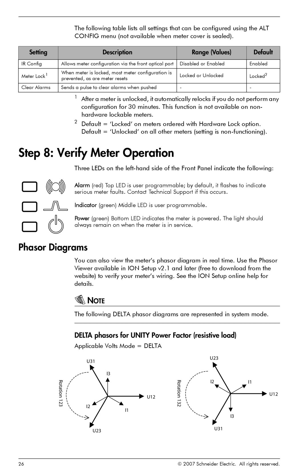 Schneider Electric ION8800 Verify Meter Operation, Phasor Diagrams, DELTA phasors for UNITY Power Factor resistive load 