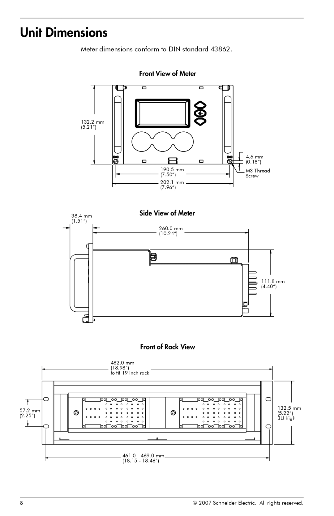 Schneider Electric ION8800 manual Unit Dimensions, Meter dimensions conform to DIN standard Front View of Meter 