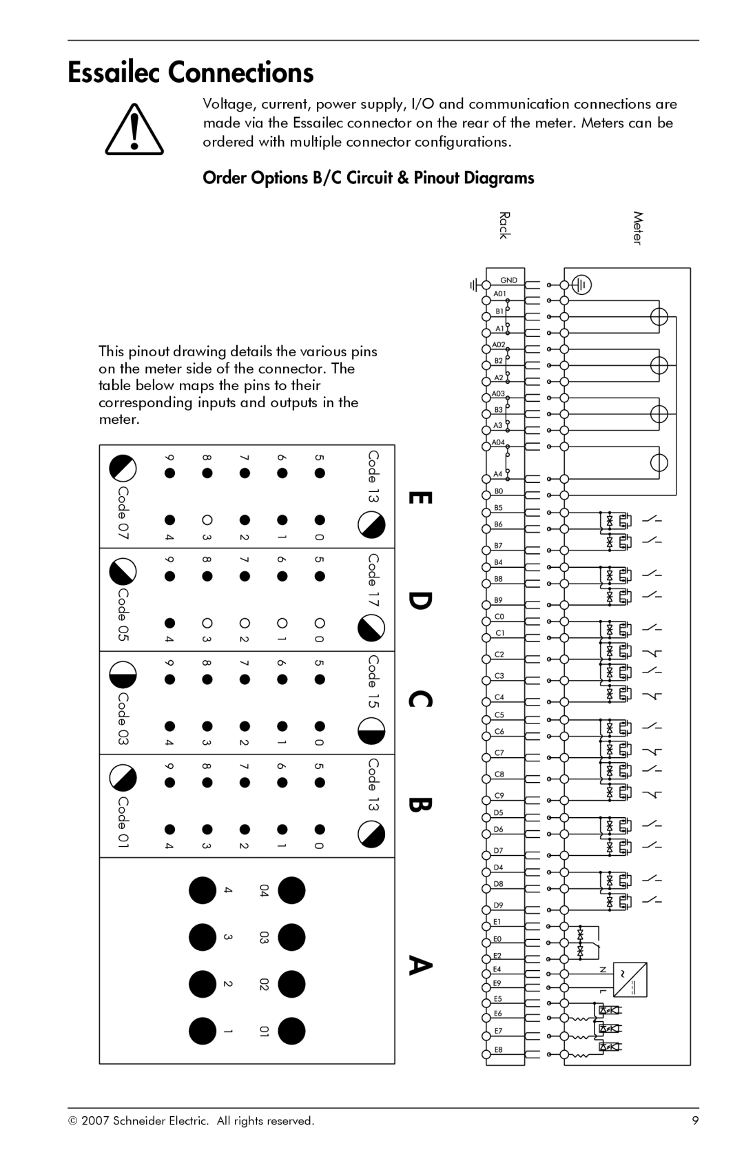 Schneider Electric ION8800 manual E D C B, Essailec Connections, Order Options B/C Circuit & Pinout Diagrams 