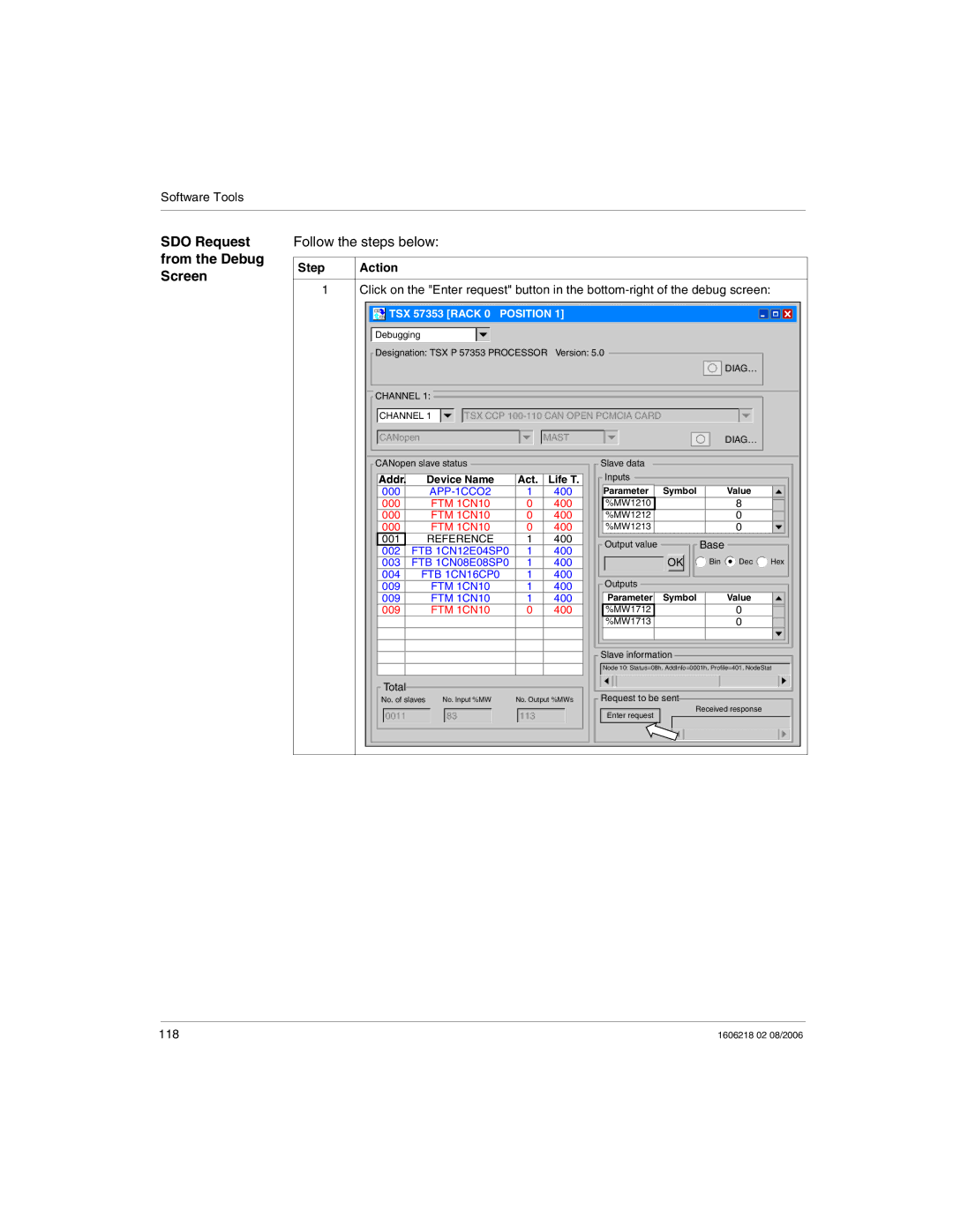 Schneider Electric IP67 manual SDO Request from the Debug Screen, TSX 57353 Rack 0 Position 