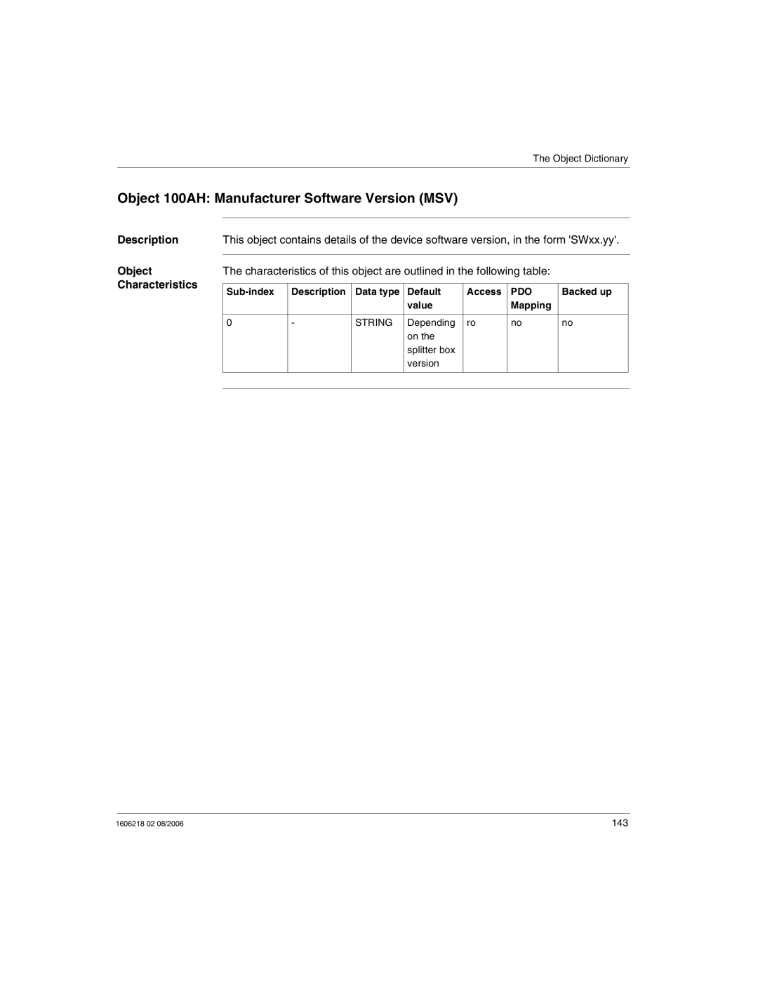 Schneider Electric IP67 manual Object 100AH Manufacturer Software Version MSV 