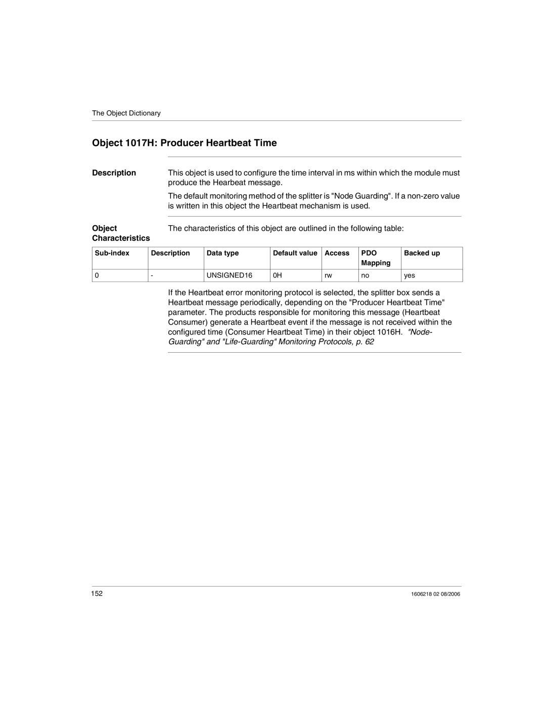 Schneider Electric IP67 manual Object 1017H Producer Heartbeat Time, Produce the Hearbeat message 