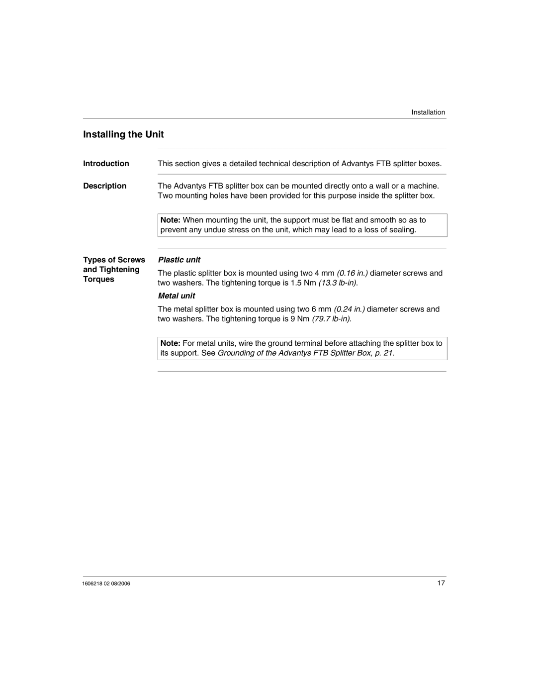 Schneider Electric IP67 manual Installing the Unit, Introduction Description Types of Screws Tightening Torques 