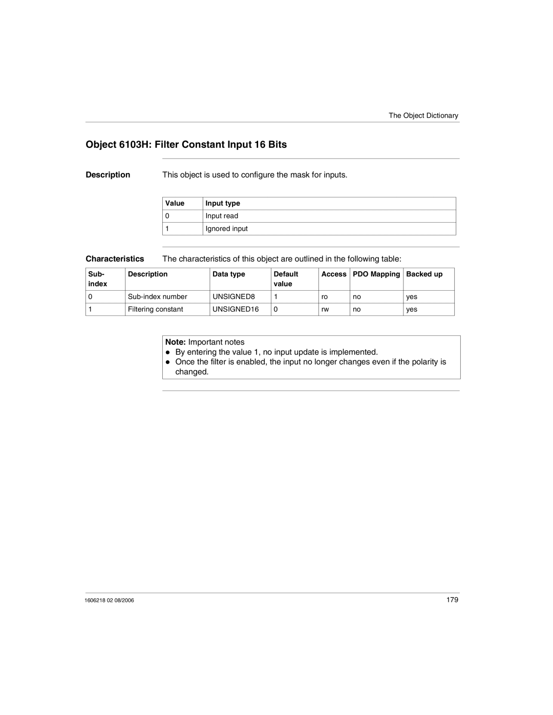 Schneider Electric IP67 Object 6103H Filter Constant Input 16 Bits, This object is used to configure the mask for inputs 