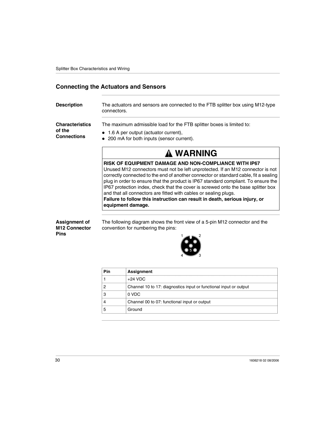 Schneider Electric IP67 manual Connecting the Actuators and Sensors, Description Characteristics of the Connections, Pins 