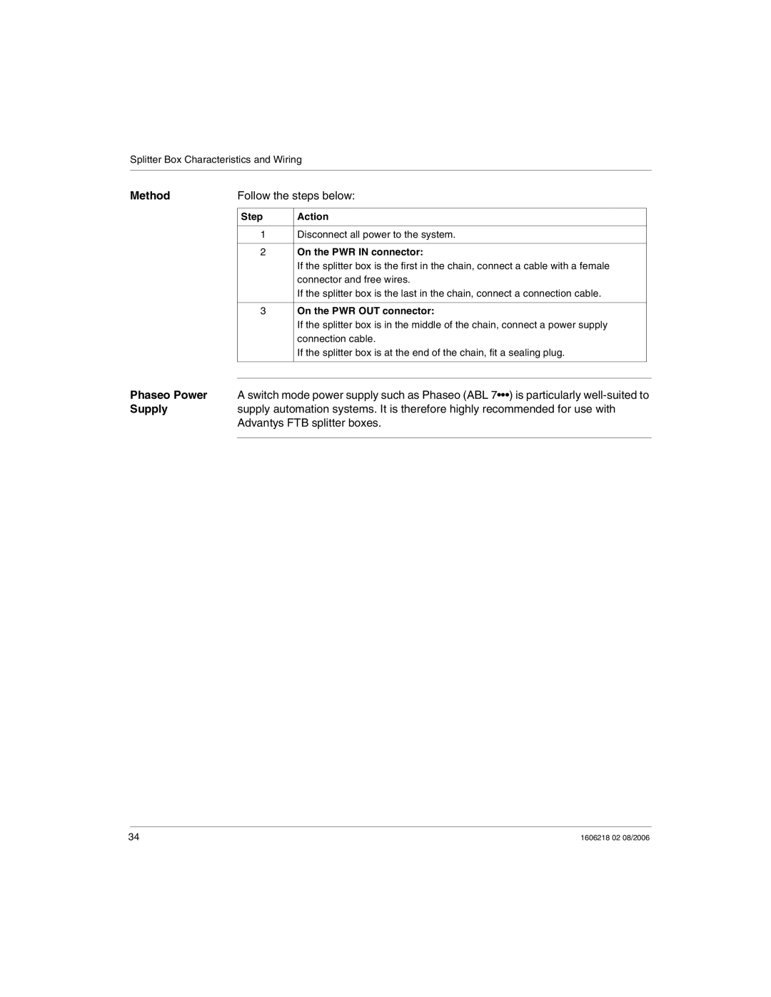 Schneider Electric IP67 manual Phaseo Power, Supply, Advantys FTB splitter boxes, On the PWR in connector 