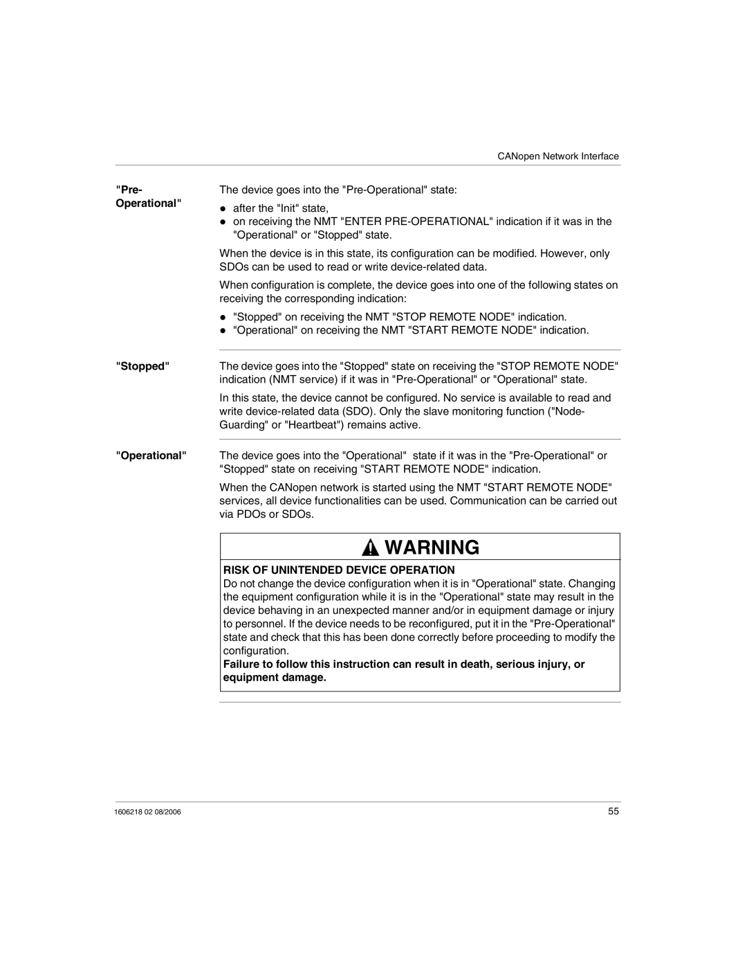 Schneider Electric IP67 manual Pre- Operational Stopped, Risk of Unintended Device Operation 