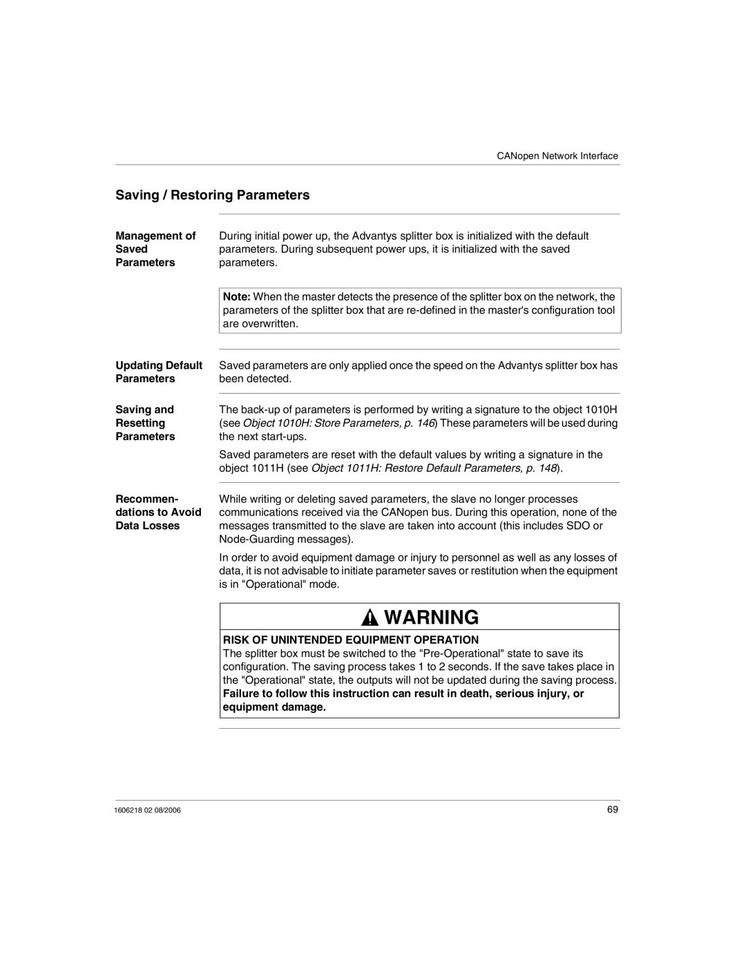 Schneider Electric IP67 manual Saving / Restoring Parameters 