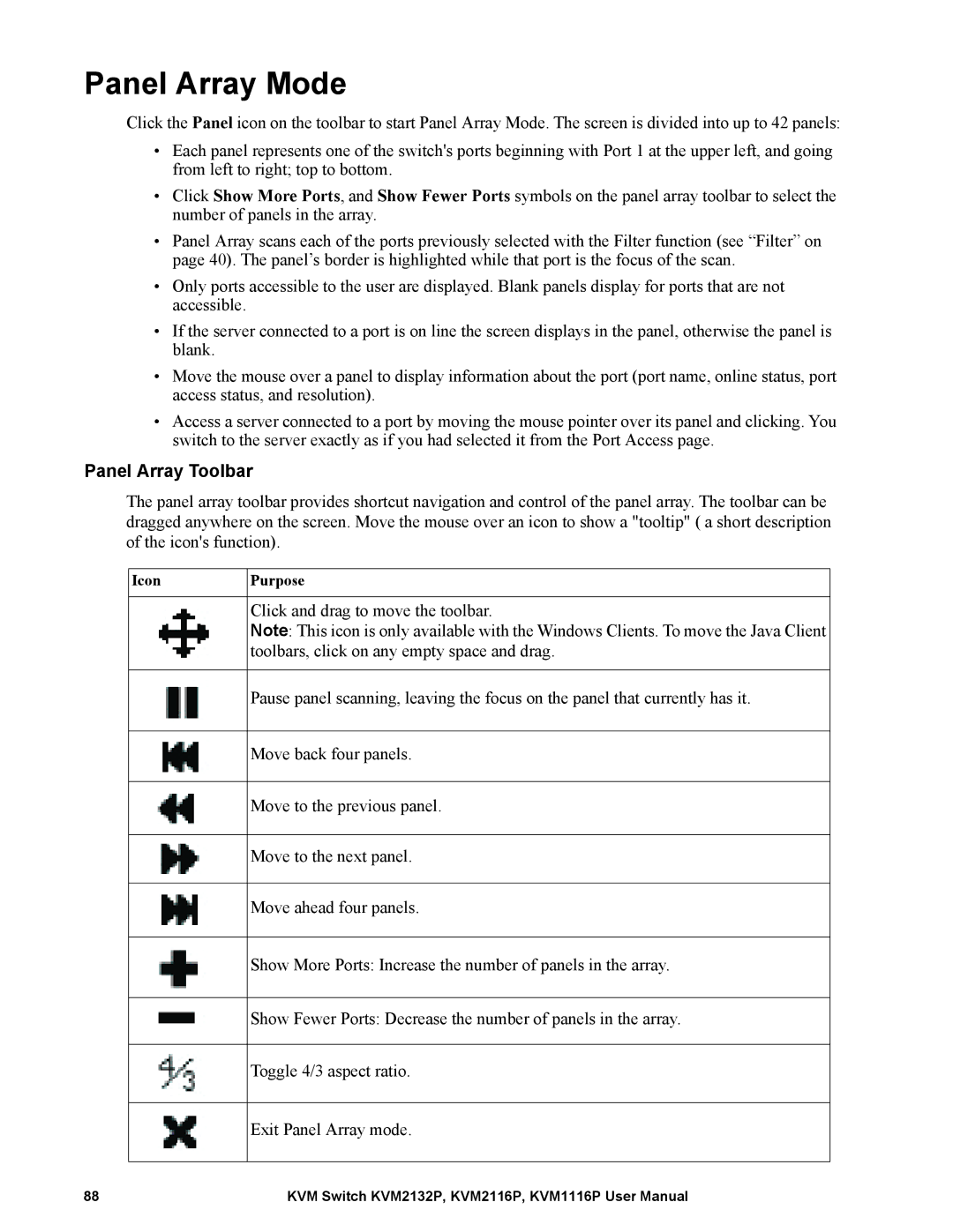 Schneider Electric KVM2116P, KVM2132P, KVM1116P user manual Panel Array Mode, Panel Array Toolbar 