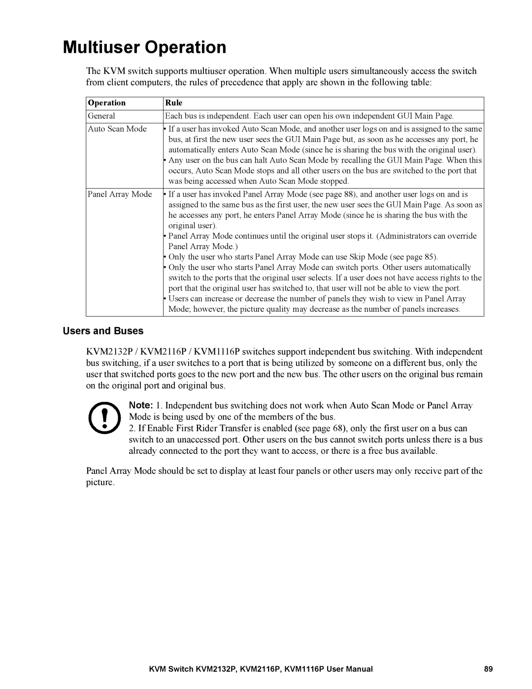 Schneider Electric KVM1116P, KVM2132P, KVM2116P user manual Multiuser Operation, Users and Buses, Operation Rule 