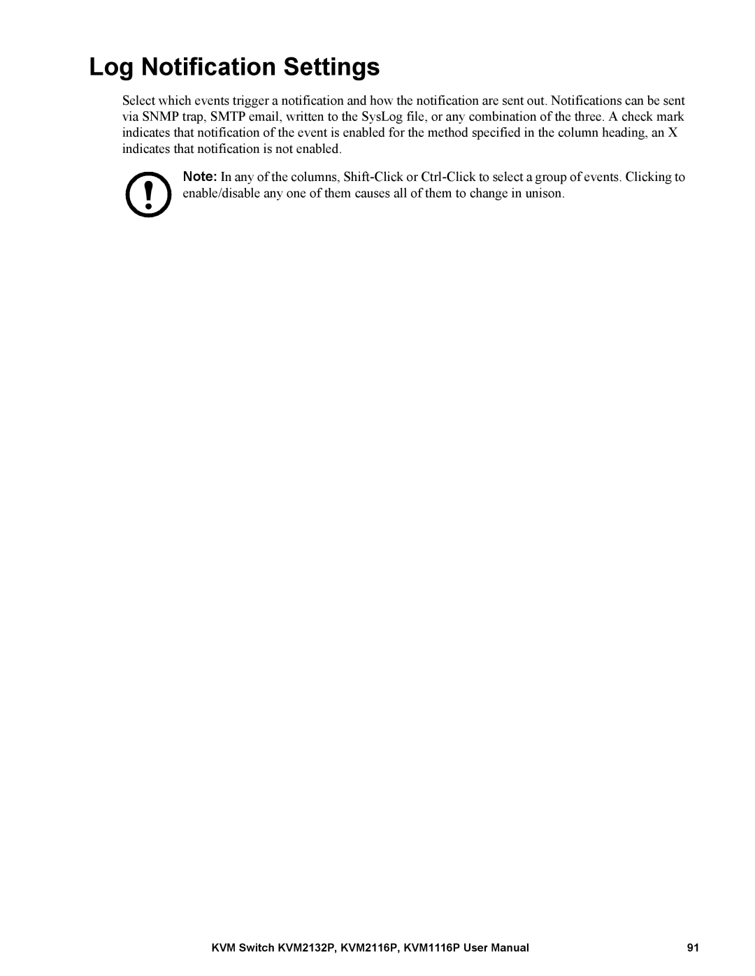 Schneider Electric KVM2116P, KVM2132P, KVM1116P user manual Log Notification Settings 