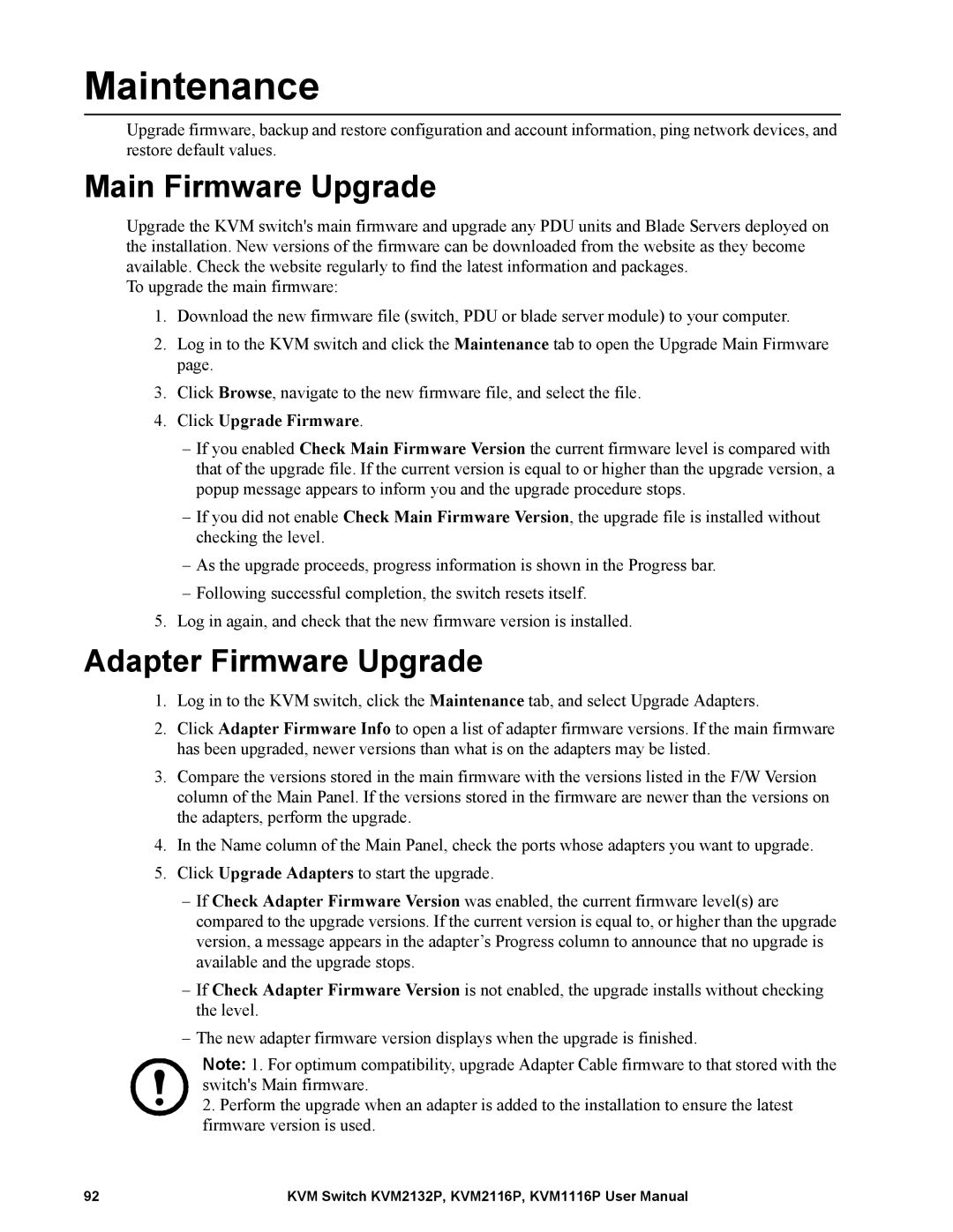 Schneider Electric KVM1116P, KVM2132P Maintenance, Main Firmware Upgrade, Adapter Firmware Upgrade, Click Upgrade Firmware 