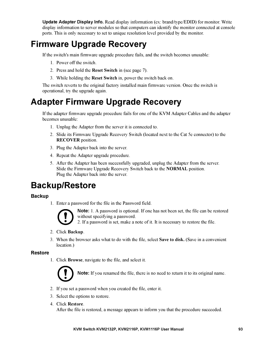 Schneider Electric KVM2132P, KVM2116P, KVM1116P user manual Adapter Firmware Upgrade Recovery, Backup/Restore 