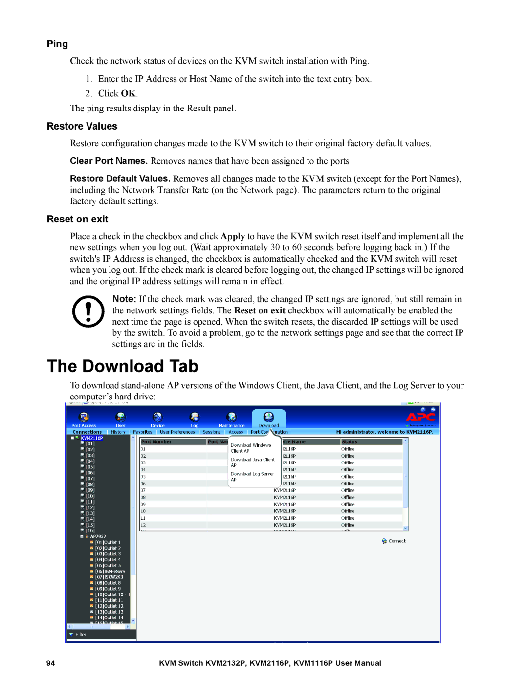 Schneider Electric KVM2116P, KVM2132P, KVM1116P user manual Download Tab, Ping, Restore Values, Reset on exit 