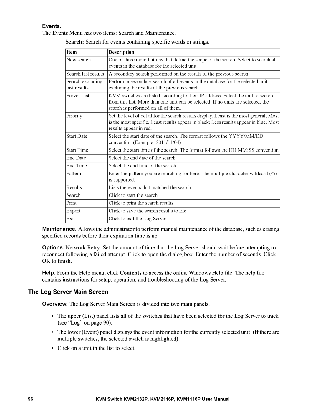 Schneider Electric KVM2132P, KVM2116P, KVM1116P user manual Log Server Main Screen, Description 