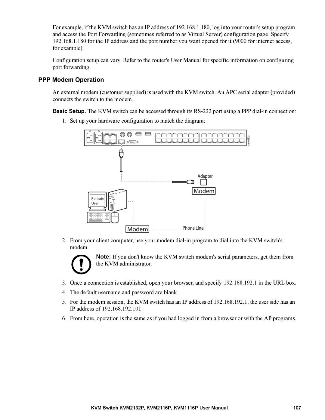 Schneider Electric KVM1116P, KVM2132P, KVM2116P user manual PPP Modem Operation 