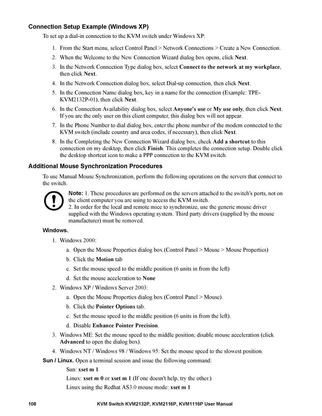 Schneider Electric KVM2132P Connection Setup Example Windows XP, Additional Mouse Synchronization Procedures, Sun xset m 