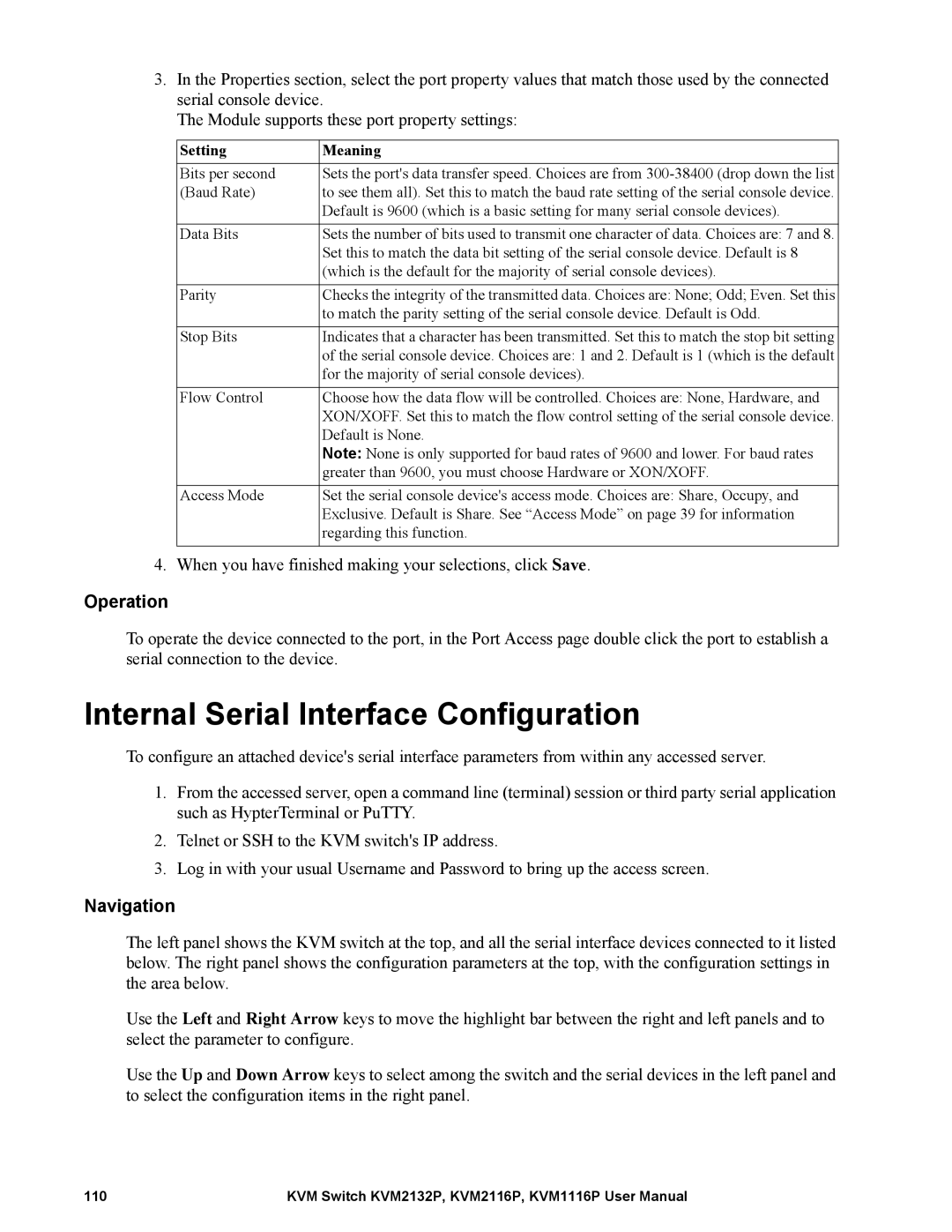 Schneider Electric KVM1116P, KVM2132P Internal Serial Interface Configuration, Operation, Navigation, Setting Meaning 