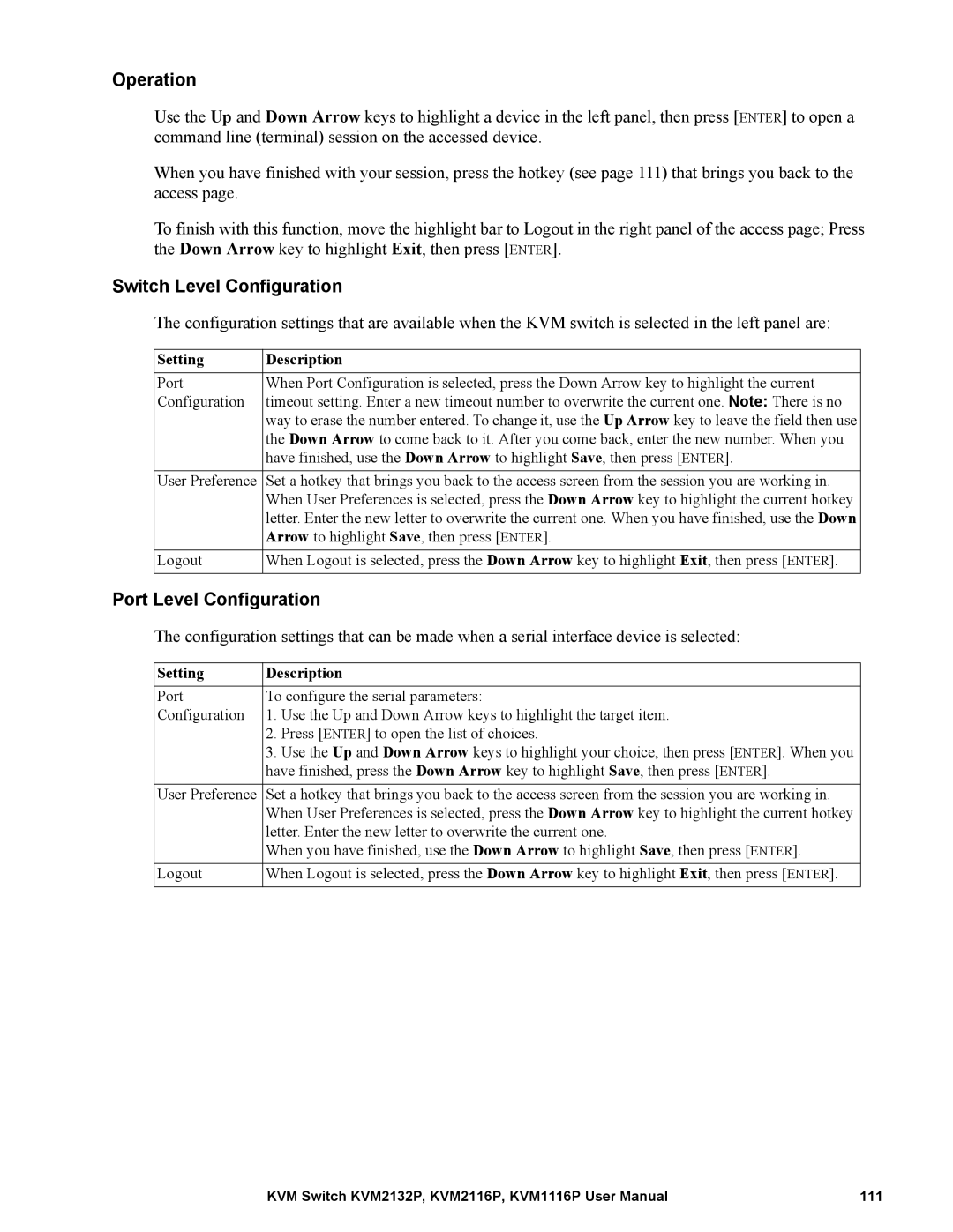 Schneider Electric KVM2132P, KVM2116P, KVM1116P user manual Switch Level Configuration, Port Level Configuration 