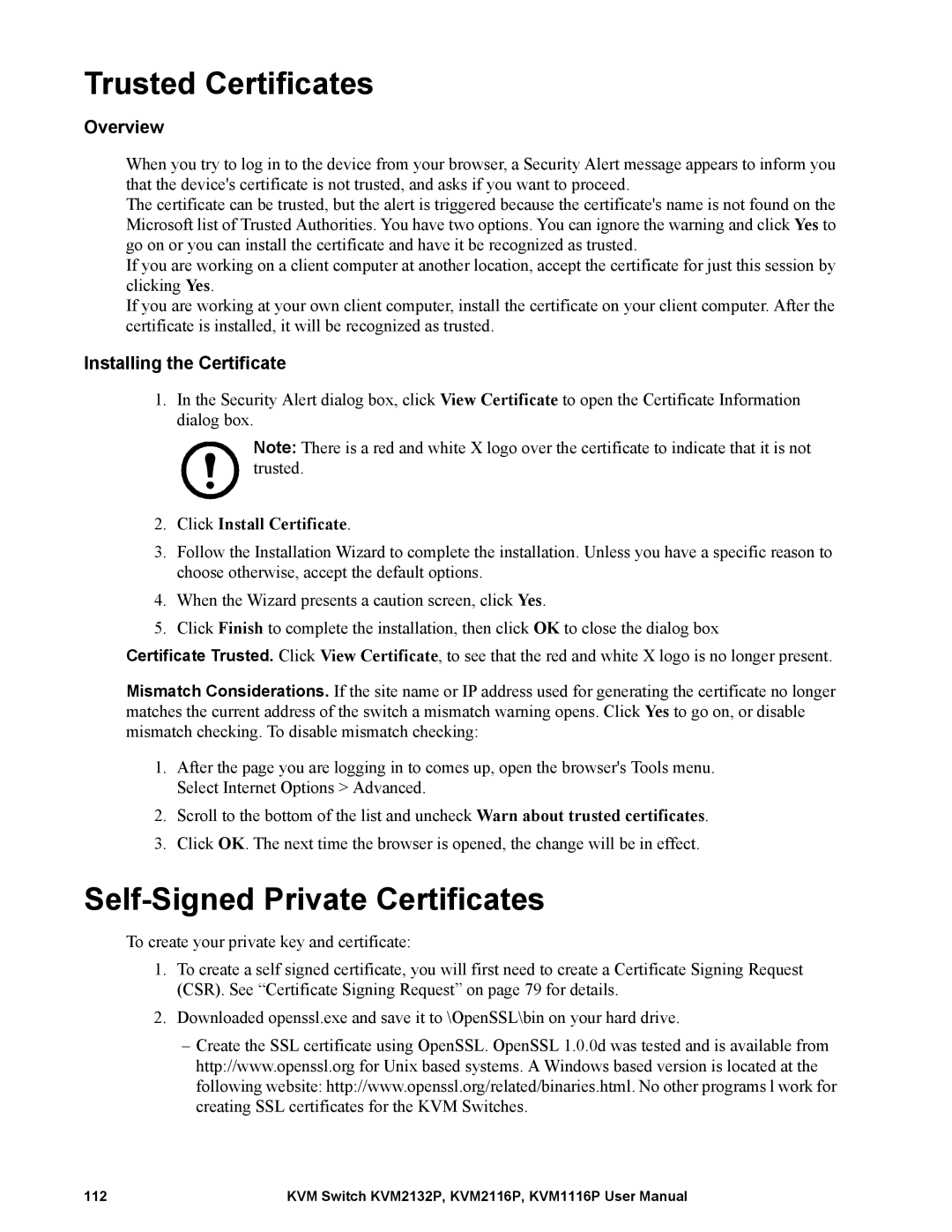 Schneider Electric KVM2116P Trusted Certificates, Self-Signed Private Certificates, Overview, Installing the Certificate 