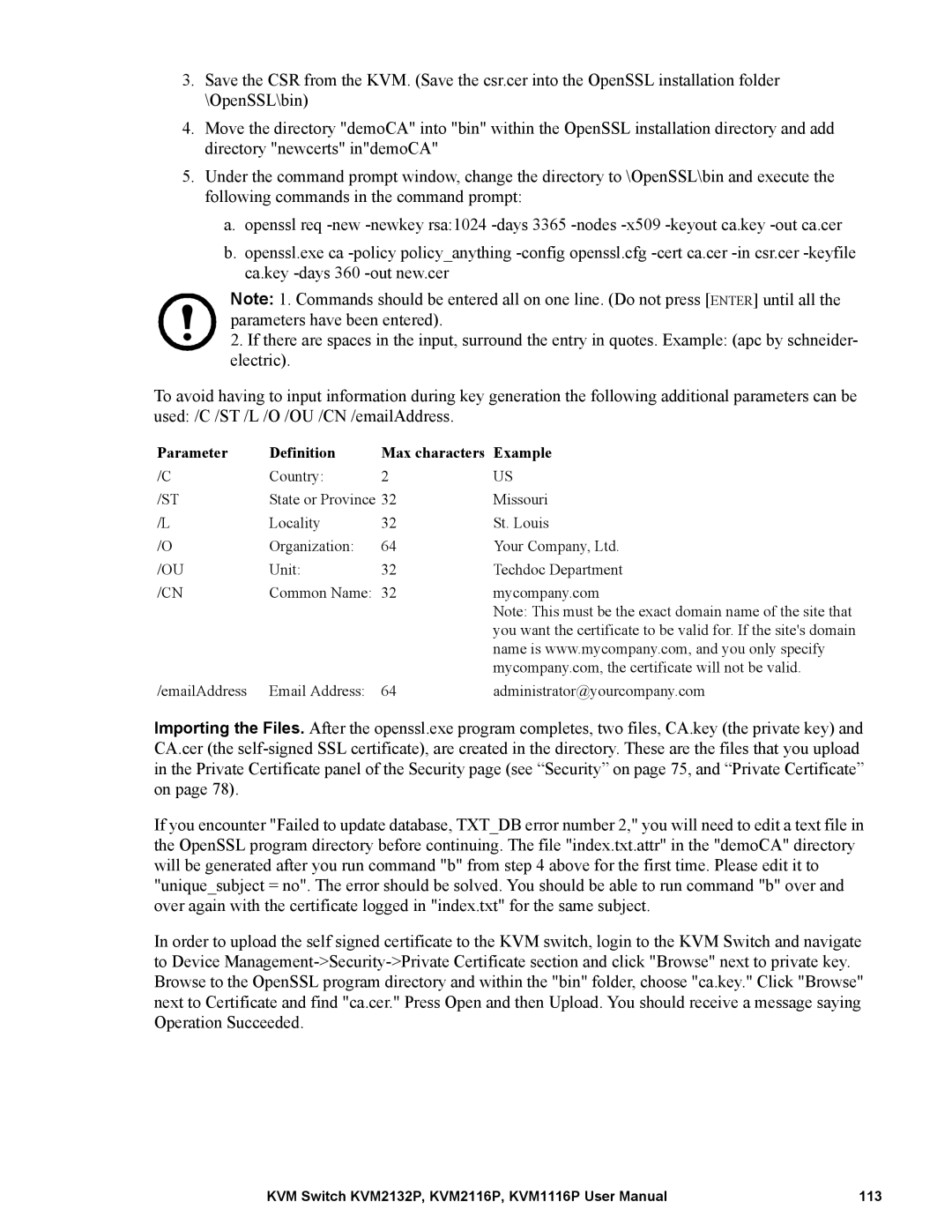 Schneider Electric KVM1116P, KVM2132P, KVM2116P user manual Parameter Definition Max characters Example 