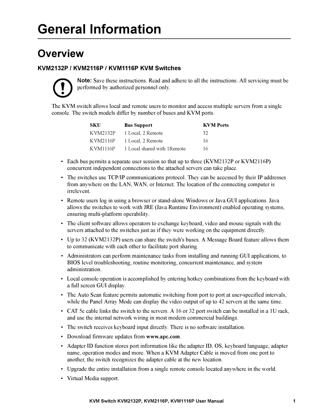 Schneider Electric General Information, Overview, KVM2132P / KVM2116P / KVM1116P KVM Switches, Bus Support KVM Ports 