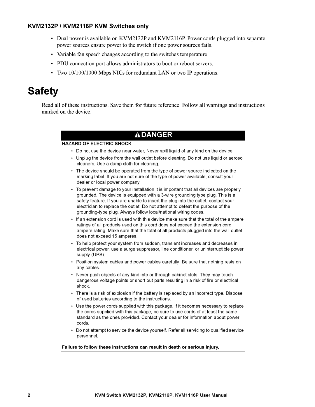 Schneider Electric KVM1116P user manual Safety, KVM2132P / KVM2116P KVM Switches only 