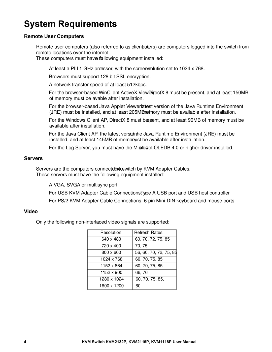 Schneider Electric KVM2116P, KVM2132P System Requirements, Remote User Computers, Servers, Video, Resolution Refresh Rates 