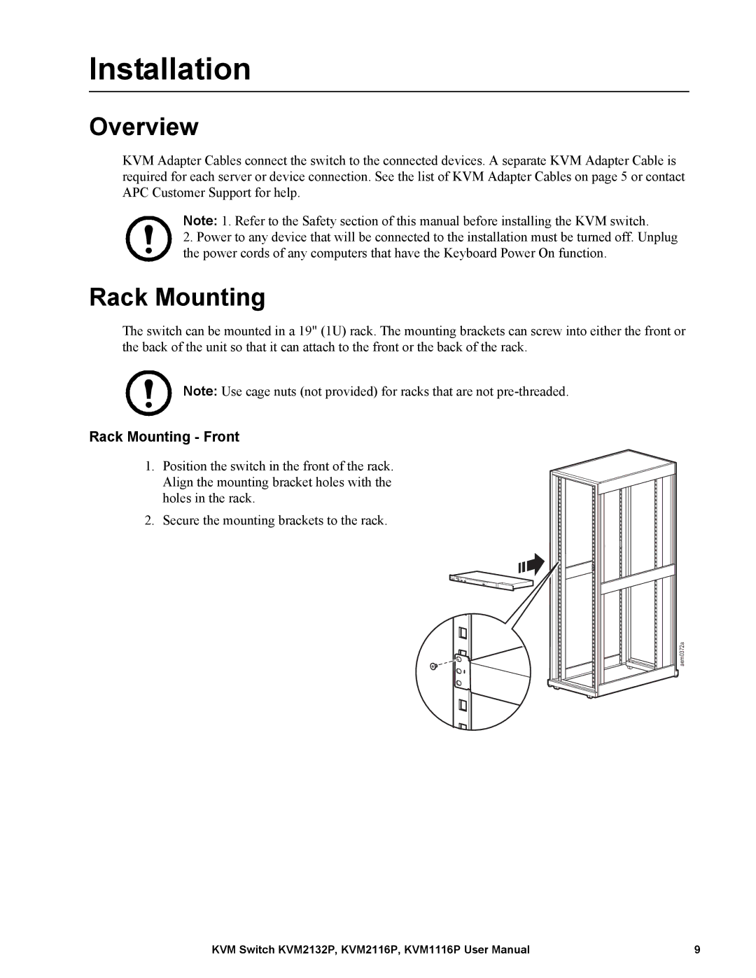 Schneider Electric KVM2132P, KVM2116P, KVM1116P user manual Installation, Rack Mounting Front 