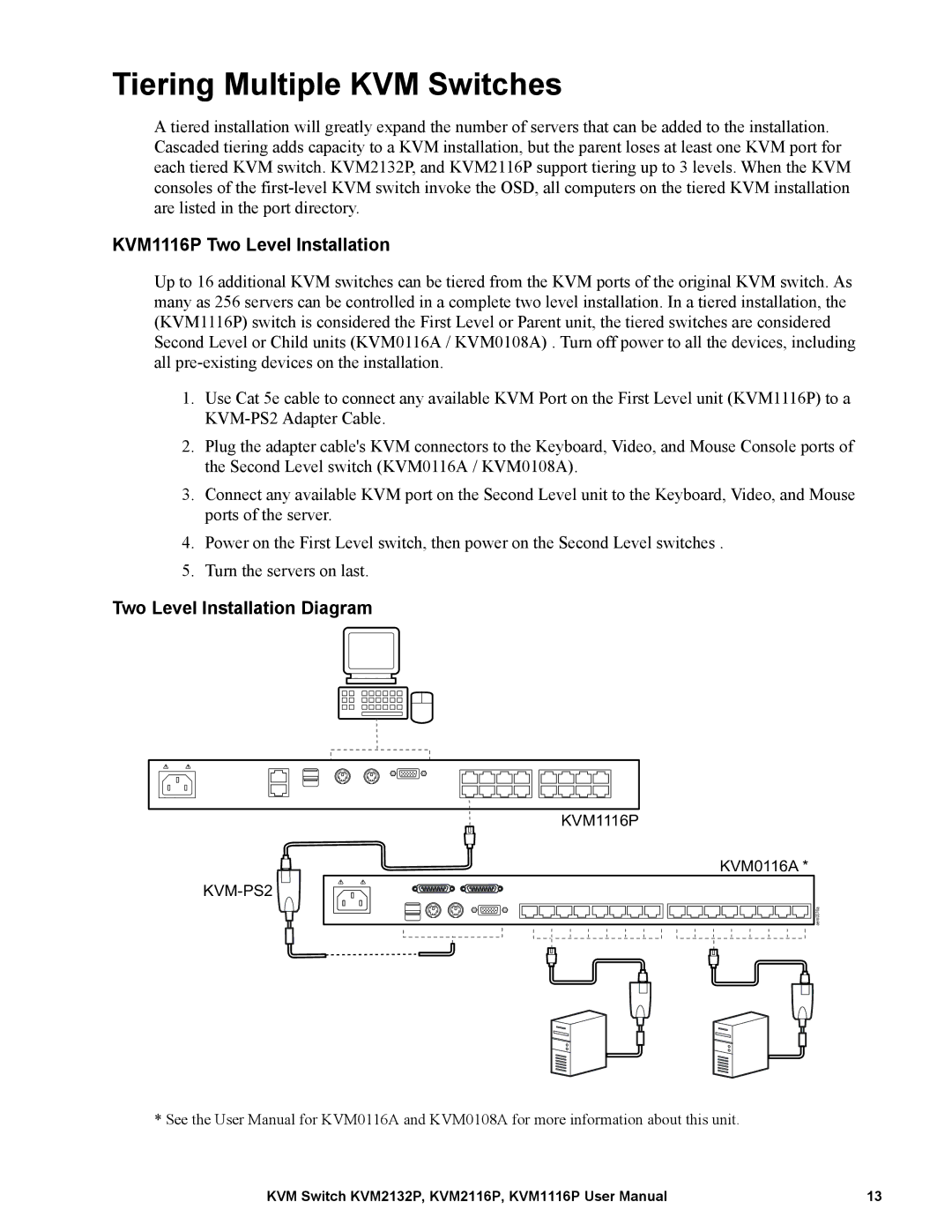 Schneider Electric KVM2116P Tiering Multiple KVM Switches, KVM1116P Two Level Installation, Two Level Installation Diagram 