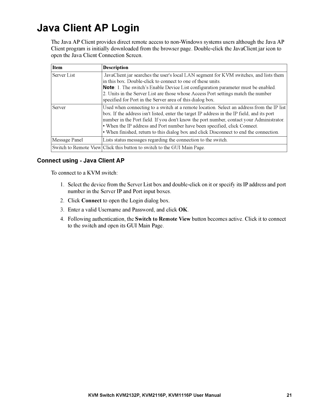 Schneider Electric KVM2132P, KVM2116P, KVM1116P user manual Java Client AP Login, Connect using Java Client AP 