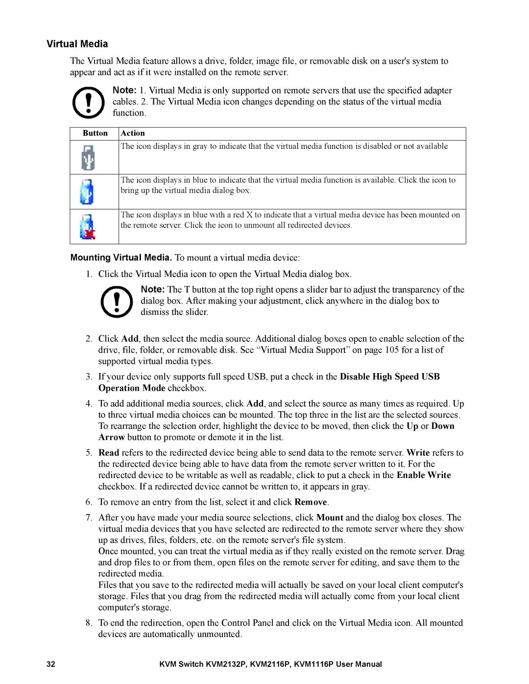 Schneider Electric KVM1116P, KVM2132P, KVM2116P user manual Virtual Media 