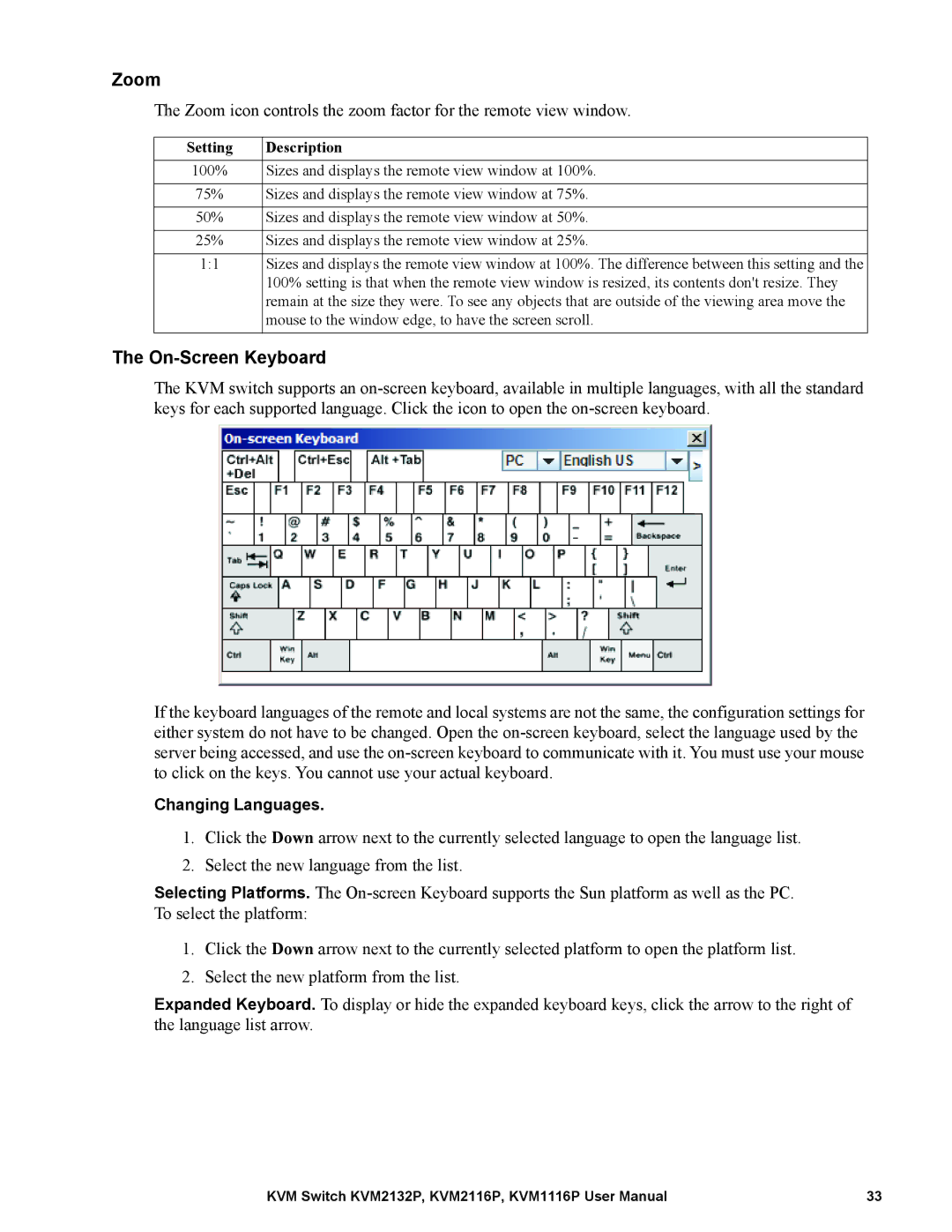 Schneider Electric KVM2132P, KVM2116P, KVM1116P user manual Zoom, On-Screen Keyboard, Setting Description 