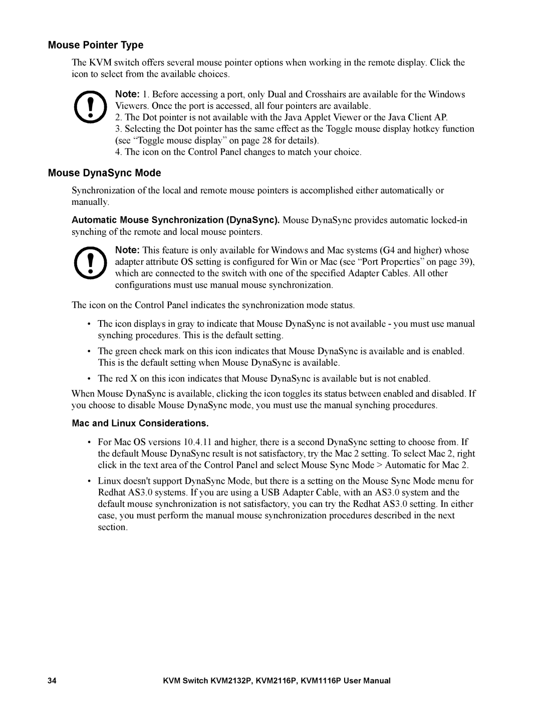 Schneider Electric KVM2116P, KVM2132P, KVM1116P user manual Mouse Pointer Type, Mouse DynaSync Mode 