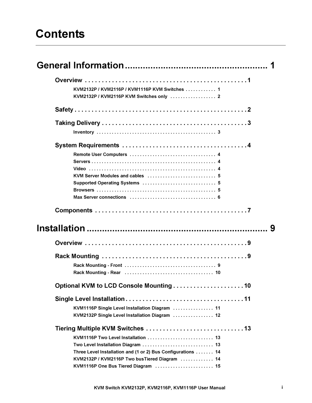 Schneider Electric KVM1116P, KVM2132P, KVM2116P user manual Contents 