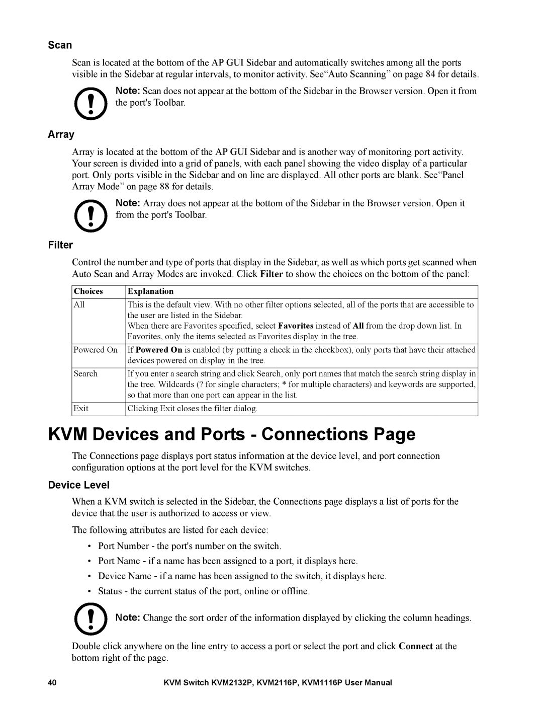 Schneider Electric KVM2116P, KVM2132P, KVM1116P KVM Devices and Ports Connections, Scan, Array, Filter, Device Level 