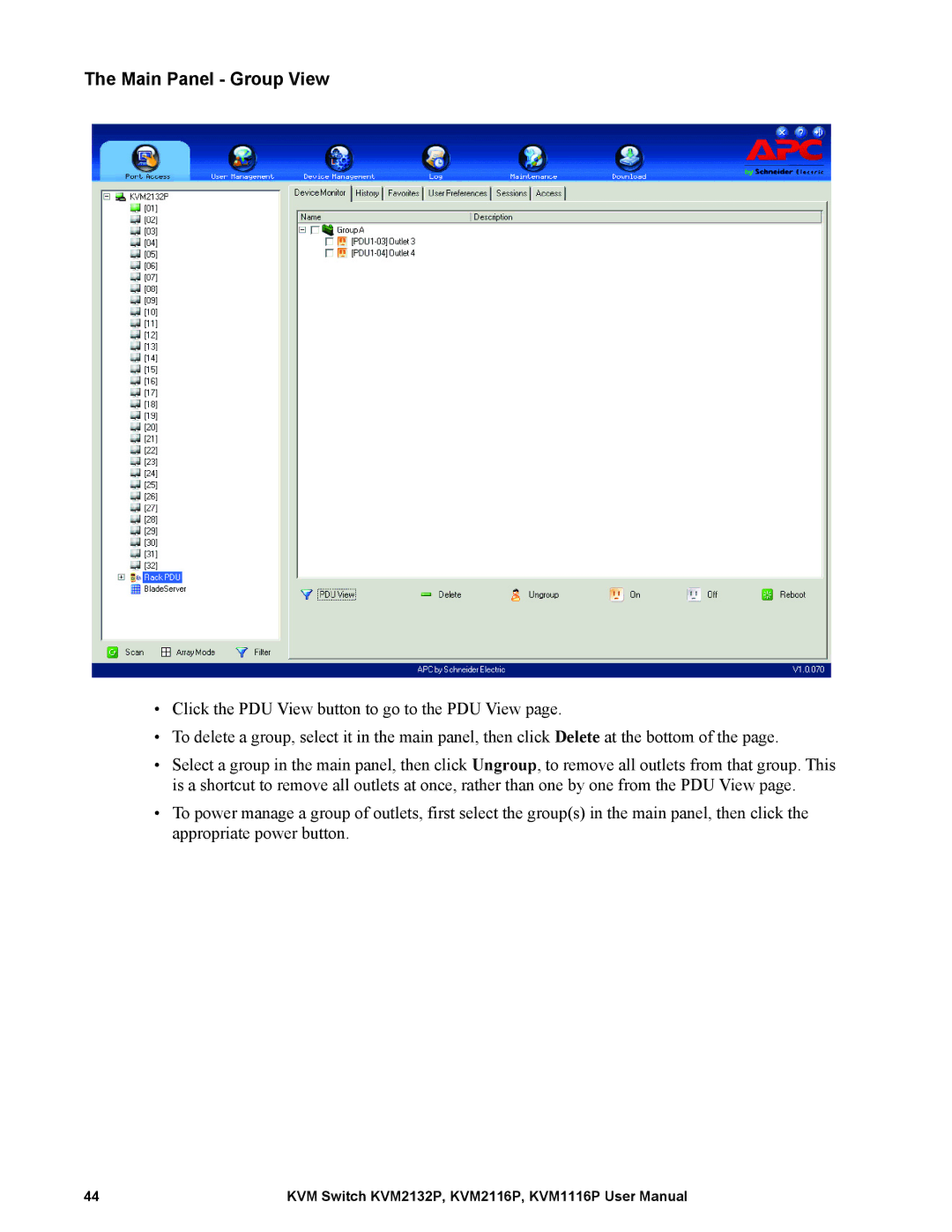 Schneider Electric KVM1116P, KVM2132P, KVM2116P user manual Main Panel Group View 