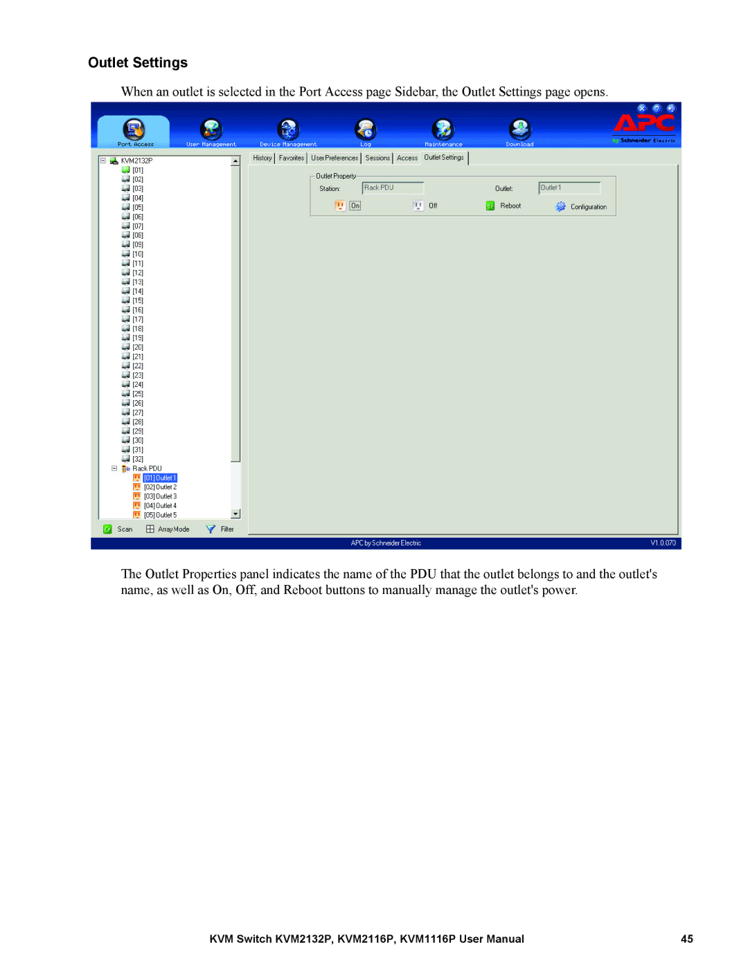 Schneider Electric KVM2132P, KVM2116P, KVM1116P user manual Outlet Settings 