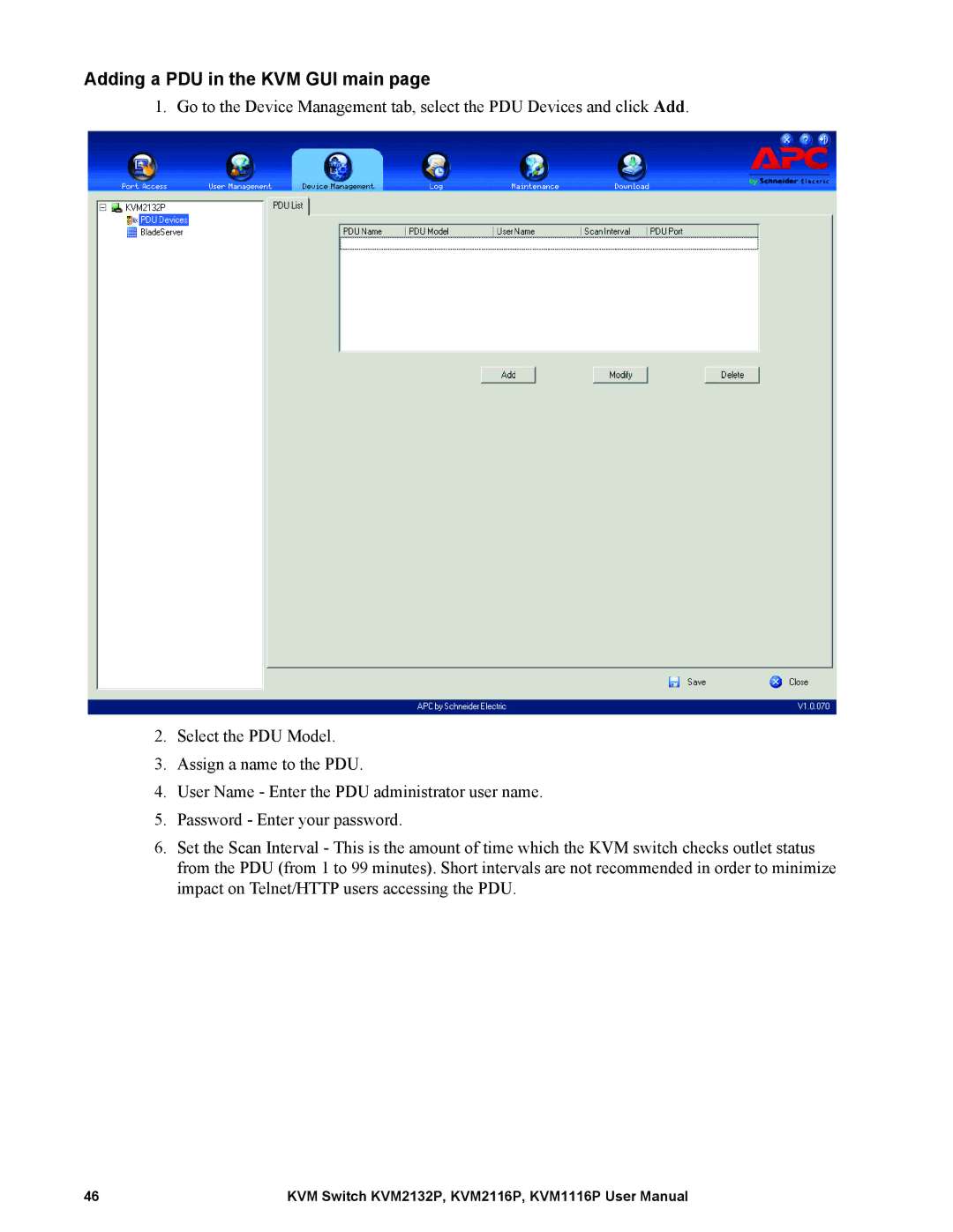 Schneider Electric KVM2116P, KVM2132P, KVM1116P user manual Adding a PDU in the KVM GUI main 