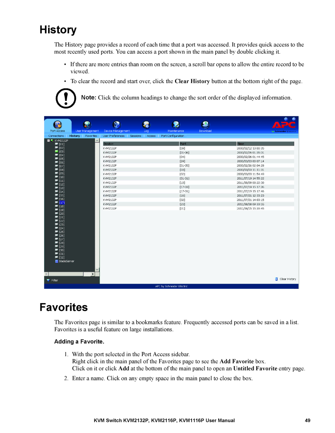 Schneider Electric KVM2116P, KVM2132P, KVM1116P user manual History, Favorites 